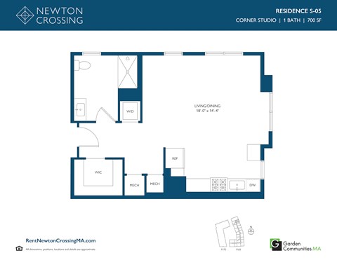 Floor plan for studio, 1 bath, 700 sqft